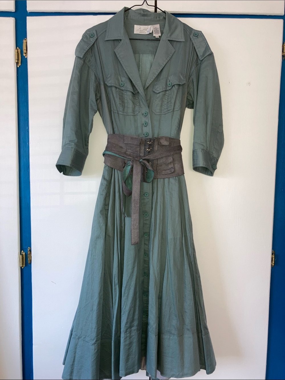 Byron Lars Blue Grey Princess Button-Front Maxi Shirt Dress with Wide Belt